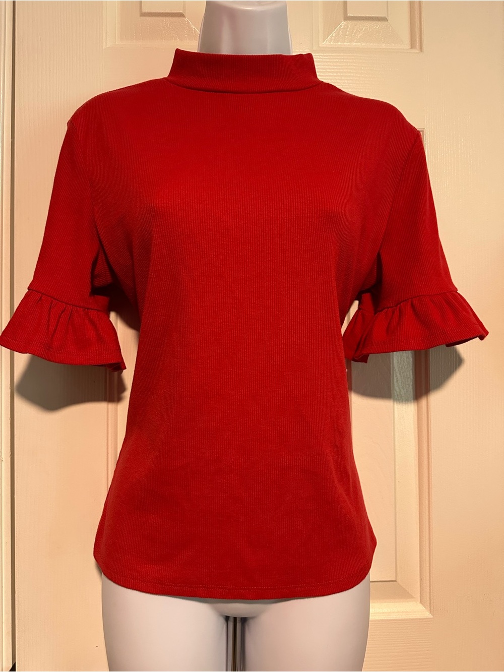 Red Mock Neck Ruffle Sleeve Tee